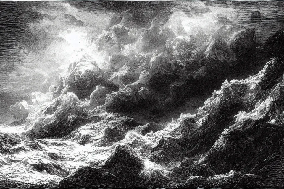the deluge, an engraving of a stormy sea beating | Stable Diffusion ...