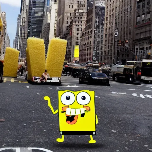 Prompt: a real life Sponge Bob destroying New York City