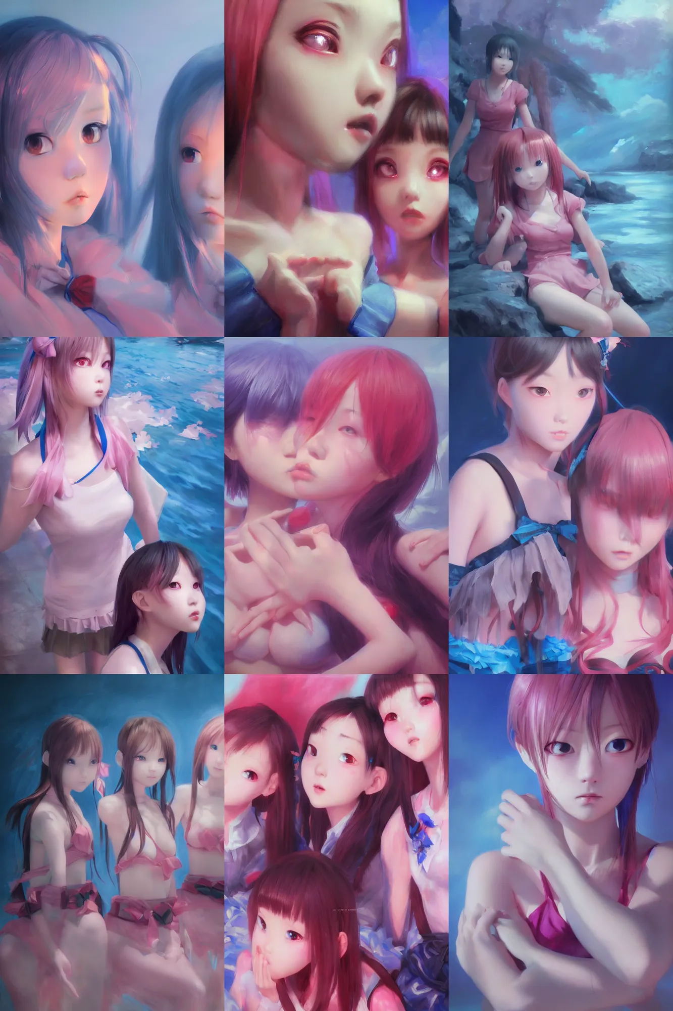 Prompt: 3d dark infrared octane render concept art by D. Jun, by Mo Xiang Tong Xiu, by Igarashi Daisuke, beauty portrait anime schoolgirls under dark pink and blue water. cute sad face. dramatic deep light, trending on artstation, oil painting.