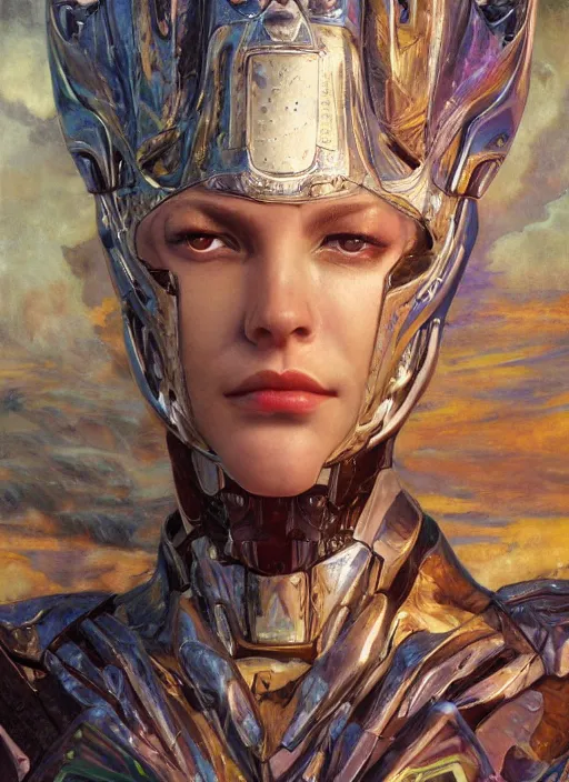 Prompt: a biblical diabolical beautiful female android girl face, hawk, shiny hi tech armor, dynamic pose, splashing, heavy eyes to the side, glowing veins, in clouds, rain, sunset, portrait, by gerald brom, by mikhail vrubel, by peter elson, muted colors, extreme detail, reflections, trending on artstation, 8 k