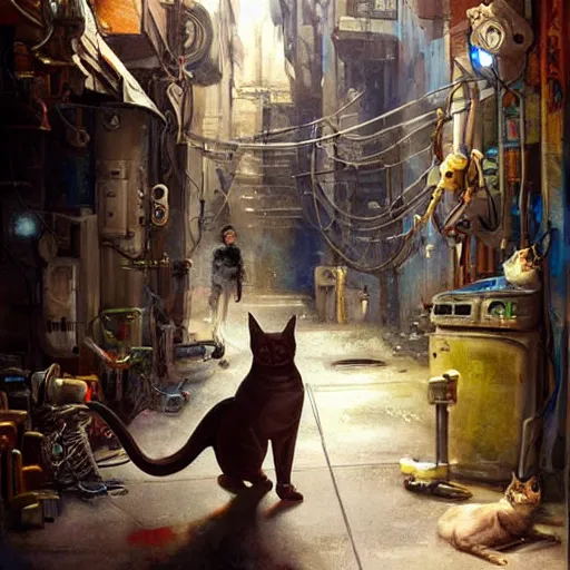 Prompt: a sphynx with robotic parts cat, in a cyberpunk alleyway by daniel gerhartz