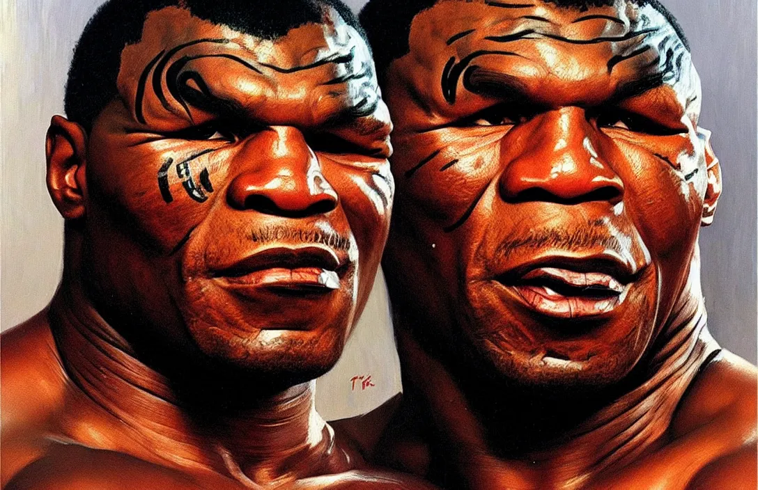 Prompt: portrait of 1 9 8 0's mike tyson!!!!!!!!!!!!!!!!!!!!!!!!!!!, detailed face, detailed painting,, epic lighting, by ilya repin, phil hale and kent williams