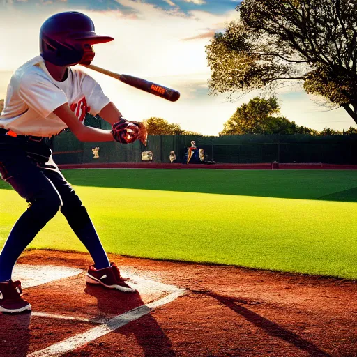 Image similar to playboi carti playing softball, baseball bat, baseball, outside, clear sky, golden hour sunlight, hdr, 4 k, widelens, photograph