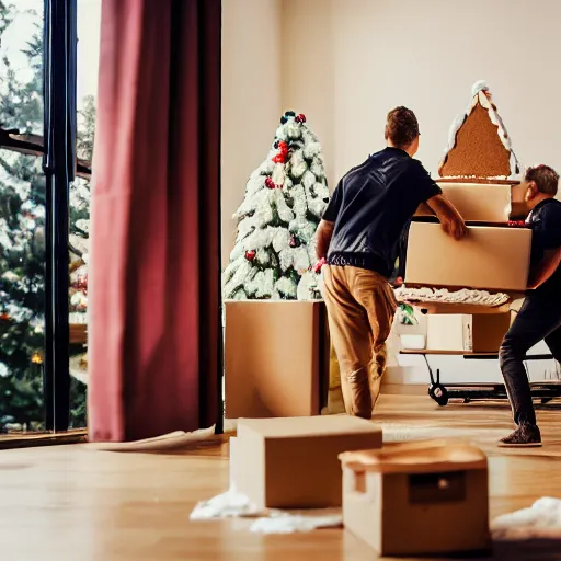 Image similar to cinematic photo of removalists moving furniture into a gingerbread house in the early morning