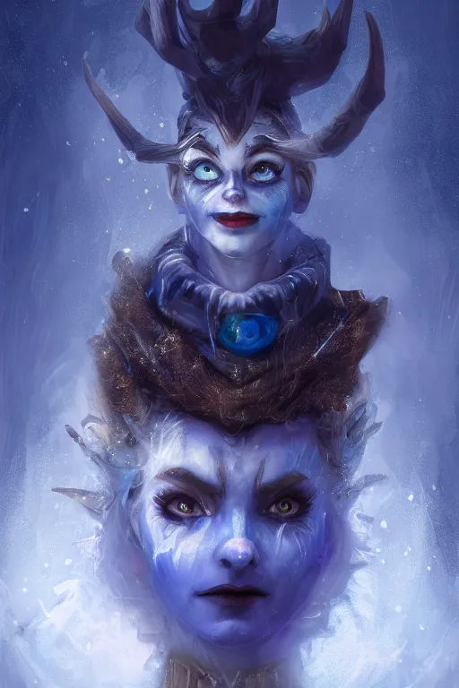 Image similar to frozen jester clown mage wizard, eyes glowing blue, heavenly stars in the background, is at dawn and bluish, fantasy, intricate, elegant, digital painting, highly detailed, artstation, sharp focus, illustration, concept art, ruan jia, steve mccurry