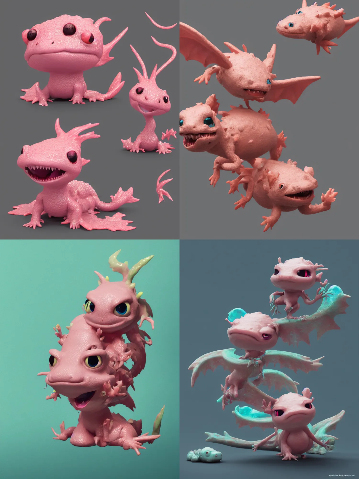 Prompt: the cutest chibi axolotl dragon, trending on Artstation, 3d, Cgi, rendered in octane, substance painter, subsurface scattering