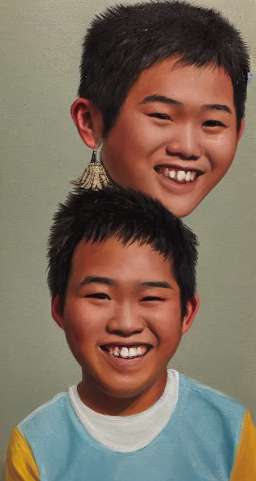 Prompt: oil portrait of one teenage chubby filipino boy smiling with crooked teeth, with a curly perm, and with small studded earings, 4 k, photorealistic, high detail