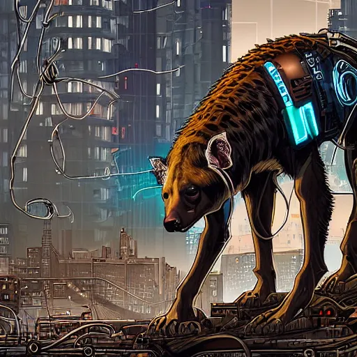 Image similar to cyborg hyena, beksinki style, many wires and exposed metal shown, huge cyberpunk city in background