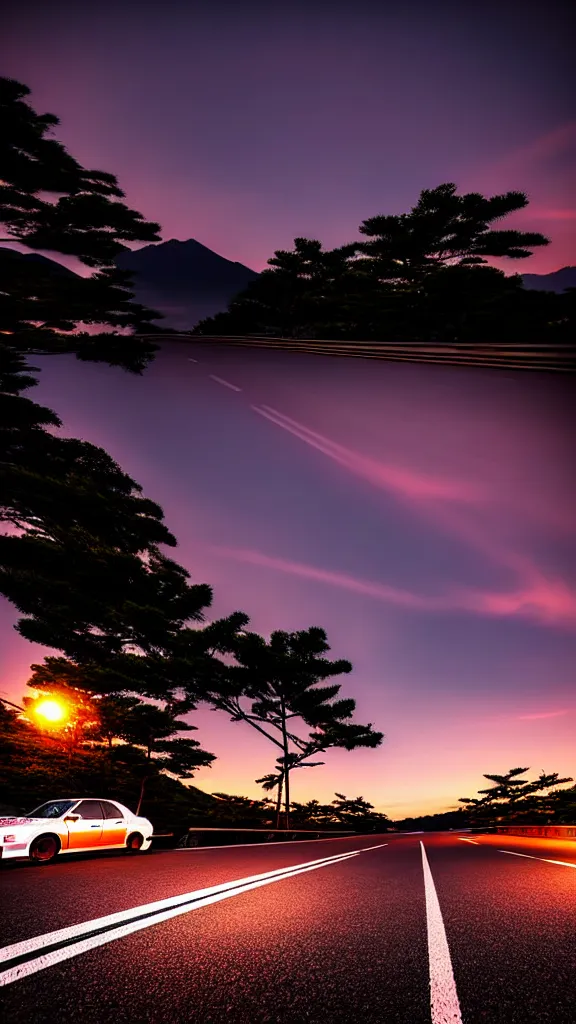 Image similar to a car drift spec JZX100 in middle of road, gunma prefecture, city sunset night, cinematic color, photorealistic, highly detailed