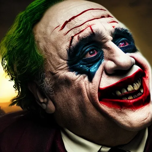 Prompt: stunning awe inspiring danny devito as the joker movie still 8 k hdr atmospheric lighting