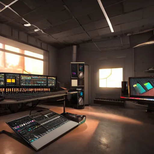 Image similar to en epic synthesizer studio, cinematic light, photorealistic, unreal engine, zbrush central,