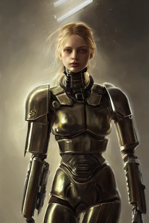 Image similar to a photorealistic painting of an attractive young girl, partially clothed in metal-plated battle armor, wielding a plasma rifle, dirty olive skin, long dark hair, beautiful bone structure, perfectly symmetrical face, perfect eyes, intricate, elegant, digital painting, concept art, illustration, sharp focus, minimal artifacts, volumetric lighting, from Metal Gear, in the style of Ruan Jia and Mandy Jurgens and Greg Rutkowski, trending on Artstation, award winning