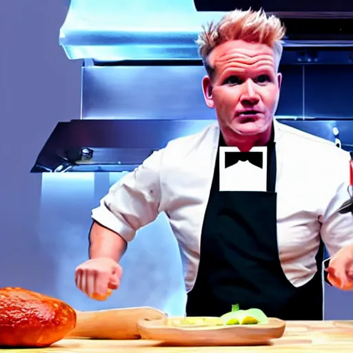 Image similar to hyper real Gordon Ramsey cooking a unicorn in kitchen 4k