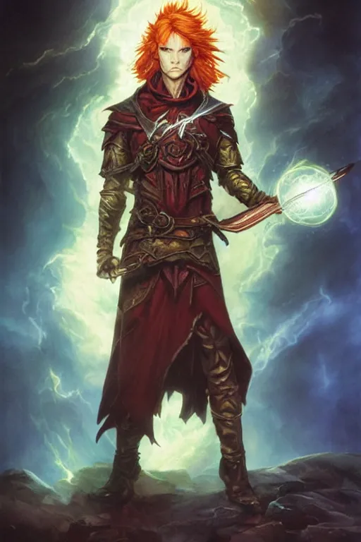 Prompt: young male redhead Spellcaster standing, holding a spell book glowing, D&D dark fantasy style, sharp focus, ultra detailed, art by Artgerm and Peter Andrew Jones, Karol Bak, Ayami Kojima, Amano and Olivier Ledroit