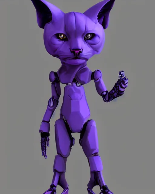 Image similar to sci fi humanoid cat with horns instead of ears and a face like a hyena holding a laser rifle, futuristic, purple skin, photorealistic concept art