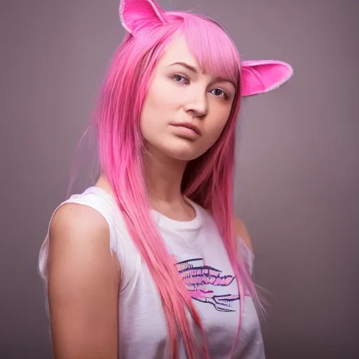 Image similar to photo of a young woman with messy pink hair and cat ears