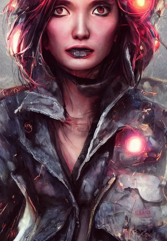 Image similar to full body illustration of girl with eyes that burn like cigarettes wearing a short skirt and a long jacket with fingernails that shine like justice, dramatic lighting, photorealistic, full body portrait, detailed anatomy, extreme detail, 4 k, colorful, artgerm and ben lo, octane render, detailed face, f / 2. 8