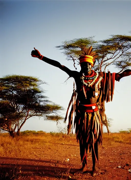 Prompt: full body analogue photo of an African tribal chief, 35mm, f/1.4, Golden Hour light, national geographic, photographed by Martha Cooper,