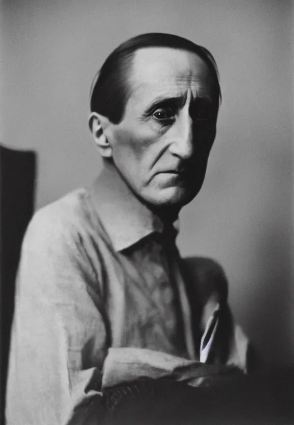 Prompt: a close - up casual photo of marcel duchamp with pensive eyes, 1 9 2 0 s monochrome snapshot, graflex 4 x 5, f 1. 8, 3 5 mm, ilford delta 3 2 0 0 pro, cyborg