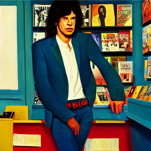 Prompt: a portrait painting of mick jagger working in a record store in 1 9 6 9, artistic, in the style of edward hopper