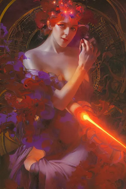 Image similar to she dreams of arcs of purple flame intertwined with glowing sparks, glinting particles of ice, dramatic lighting, steampunk, secret holographic cyphers, red flowers, bright neon solar flares, high contrast, smooth, sharp focus, art nouveau, painting by Caravaggio and Daytoner and ruan jia and greg rutkowski and Alphonse Mucha