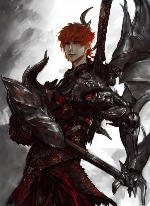 Image similar to Half body portrait of a handsome red haired elven prince with dragon eyes in light armour and a spear. In style of Yoji Shinkawa and Hyung-tae Kim, trending on ArtStation, dark fantasy, great composition, concept art, highly detailed.