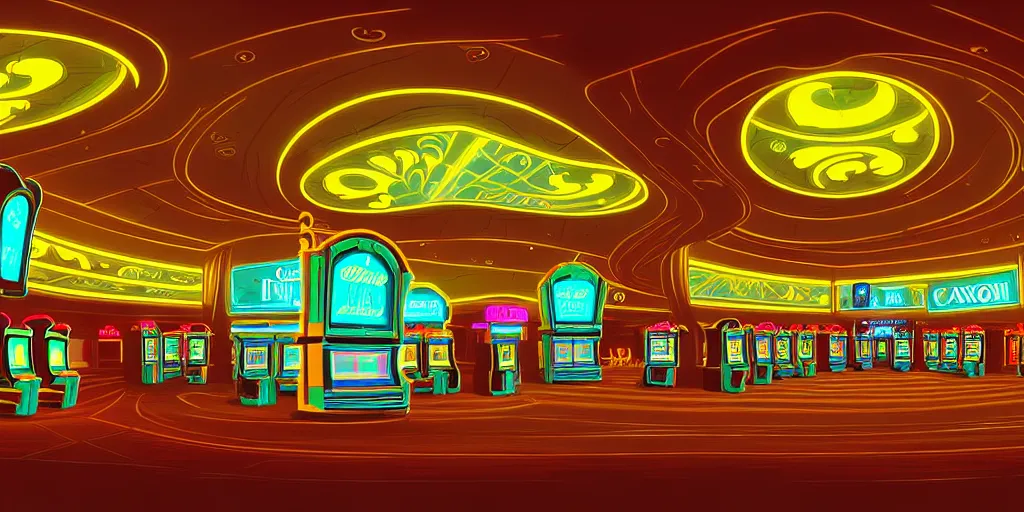 Prompt: extreme wide angle curly perspective digital art of indoor casino with a stage pale colors by anton fadeev from nightmare before christmas