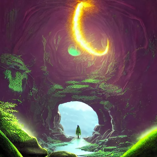 Image similar to a scary portal glowing green portal to another world in darwin's arch in the galapagos islands, elden ring landscape, d & d, fantasy, intricate, elegant, highly detailed, digital painting, artstation, concept art, matte, sharp focus, illustration, art by hayao miyazaki