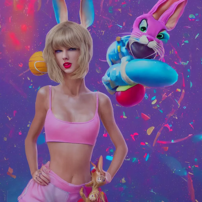 Image similar to portrait of Taylor Swift as Lola Bunny in Space Jam 1996. bunny ears. intricate abstract. intricate artwork. by Tooth Wu, wlop, beeple, dan mumford. octane render, trending on artstation, greg rutkowski very coherent symmetrical artwork. cinematic, hyper realism, high detail, octane render, 8k, iridescent accents