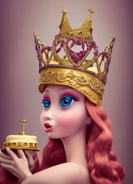 Image similar to closeup face profile portrait of a tin toy fairytale princess wearing a crown eating cakes in the castle, bikini, depth of field, zeiss lens, detailed, symmetrical, centered, fashion photoshoot, by nicoletta ceccoli, mark ryden, lostfish, breathtaking, 8 k resolution, extremely detailed, beautiful, establishing shot, artistic, hyperrealistic, octane render