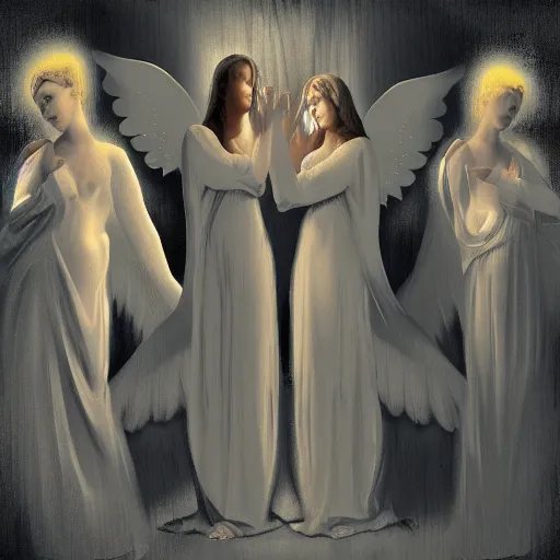 Prompt: a digital painting of angels looking at the camera in a dark, trashed and depressing room. dramatic lighting.