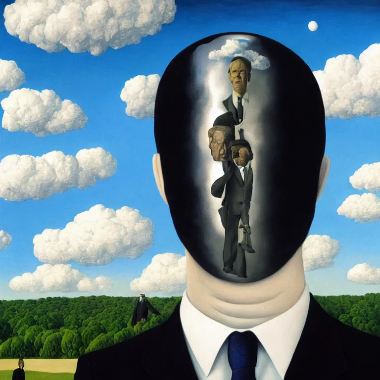 Image similar to portrait of a faceless detailed reflective chrome - head man in a suit and black gloves, clouds and nature landscape in the background, by rene magritte, very highly detailed painting, distance, centered, hd, hq, high resolution, high detail, beautiful, 4 k, 8 k