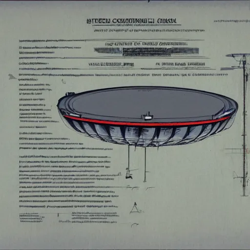 Prompt: vintage, detailed, colored sketch of ufo construction, all parts, with full descriptions, on parchment