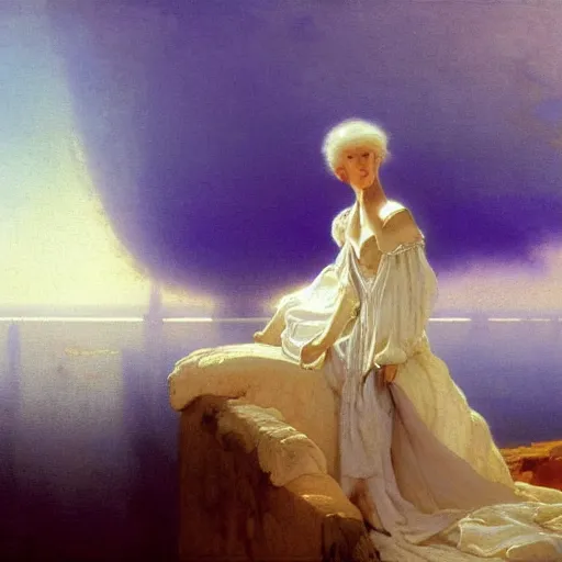 Image similar to a young woman's face, her hair is white and she wears an indigo purple satin cloak, by ivan aivazovsky and syd mead and moebius and gaston bussiere and roger dean and pieter claesz and paul delaroche and alma tadema and aelbert cuyp and willem claesz, hyperrealistic, volumetric light, octane render