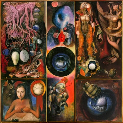 Image similar to an oil painting by arcimboldo, by georgia o keeffe, by botticelli, by giger, by frank frazetta, by gustave moreau, by seurat, seen through a kaleidoscope, vanity, broken, nerve system, medical, jewels, nebula, space, tonalism, merged