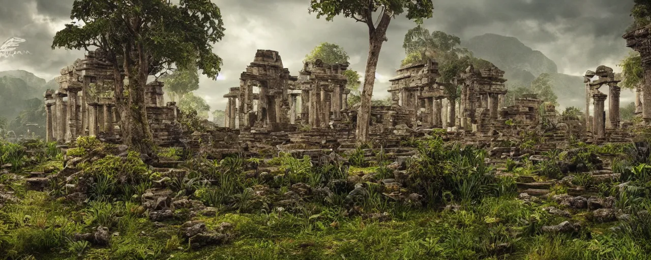 Prompt: ” otherwordly landscape with temple ruins covered by vegetation, [ cinematic, detailed, epic, widescreen, opening, establishing, mattepainting, photorealistic, realistic textures, octane render ] ”