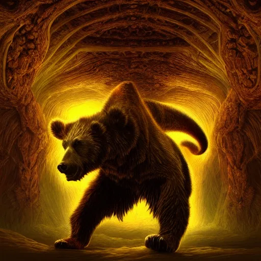 Image similar to photorealistic demon bear in the style of michael whelan and gustave dore. hyperdetailed photorealism, 1 0 8 megapixels, amazing depth, glowing rich colors, powerful imagery, psychedelic overtones, 3 d finalrender, 3 d shading, cinematic lighting, artstation concept art