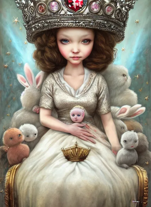 Image similar to highly detailed closeup portrait of a nurse princess wearing a crown and sitting on an ice throne surrounded by bunnies, nicoletta ceccoli, mark ryden, lostfish, earl nore, hyung tae, frank frazetta, global illumination, god rays, detailed and intricate environment