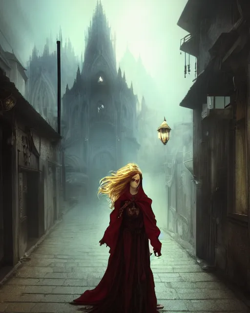 Prompt: mage, woman, portrait, dirty alley, a beautiful fantasy city, made from white stone and bright gold, built on the side of a volcano, gondor, misty, red sky, medieval city, metropolis, gorgeous clouds, god rays, fantasy art, octane render, ureal engine, high detail, alphonse mucha, greg rutkowski, james gurney, johannes voss