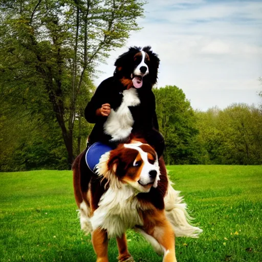 Image similar to girl riding giant Bernese Mountain Dog in the park, trending on artstation