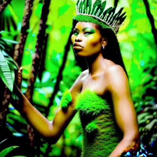 Prompt: a green queen make the jungle alive, professional photography