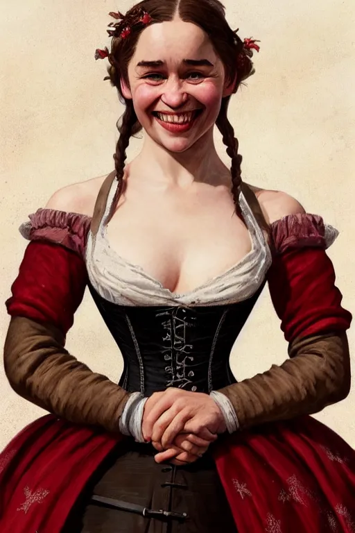 Prompt: Emilia Clarke smiling warmly in a 1800s American Corset in Red Dead Redemption, detailed Smile, only two hands, highly detailed, digital painting, artstation, concept art, smooth, sharp focus, illustration, Unreal Engine 5, 8K, art by art by artgerm and greg rutkowski and edgar maxence