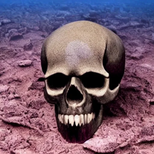 Prompt: skull of a pirate with tentacles protruding out at the bottom of the ocean