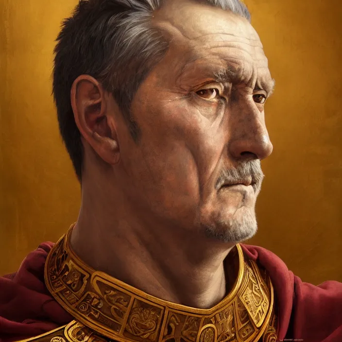 Prompt: excellent painted portrait of the last emperor of rome the ancient caesar invictus, high quality masterpiece painting with detailed face, 4k, trending on artstation, octane render, art by artgerm and greg rutkowski and alphonse mucha and craig mullins and James Jean and Andrei Riabovitchev and Marc Simonetti and peter mohrbacher