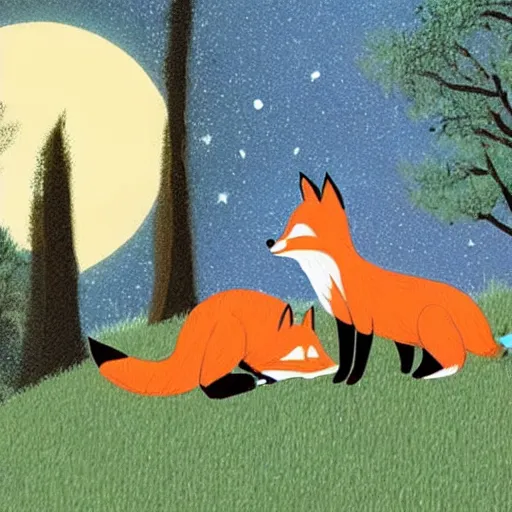 Image similar to an e-girl and a fox sitting in a field eating peaches under the moonlight