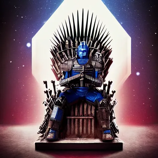 Prompt: optimus prime sitting on the iron throne, game of thrones, science fiction, artstation, pinterest, adobe photoshop