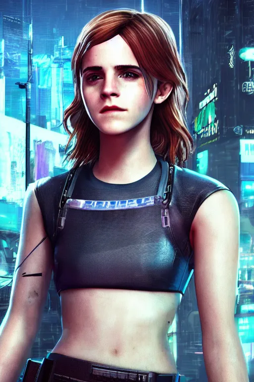 Image similar to Emma Watson in Cyberpunk 2077. 3D Render