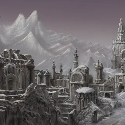 Image similar to fantasy concept art, marble city covered in snow, Greco style, mountains, labyrinth, high detail, 8k