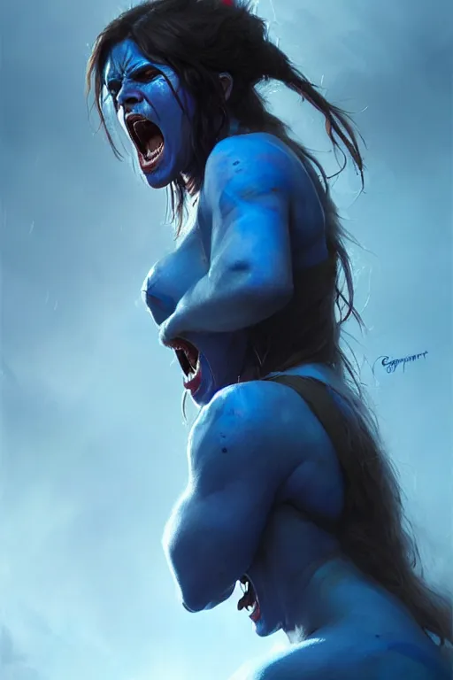 Image similar to portrait of a screaming celtic berserker woman with blue warpaint, medium shot, portrait, concept art, natural lighting, illustration, full color, highly detailed, photorealistic, by greg rutkowski and artgerm, artstation,