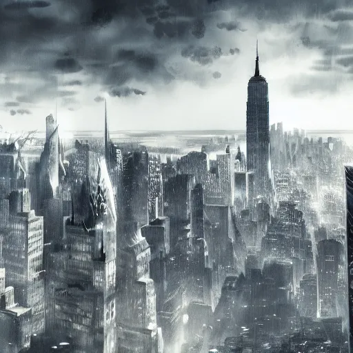 Image similar to Kaiju towering above New York, dark souls concept art, dramatic lighting, highly stylized, high-quality wallpaper, desktopography W-1024